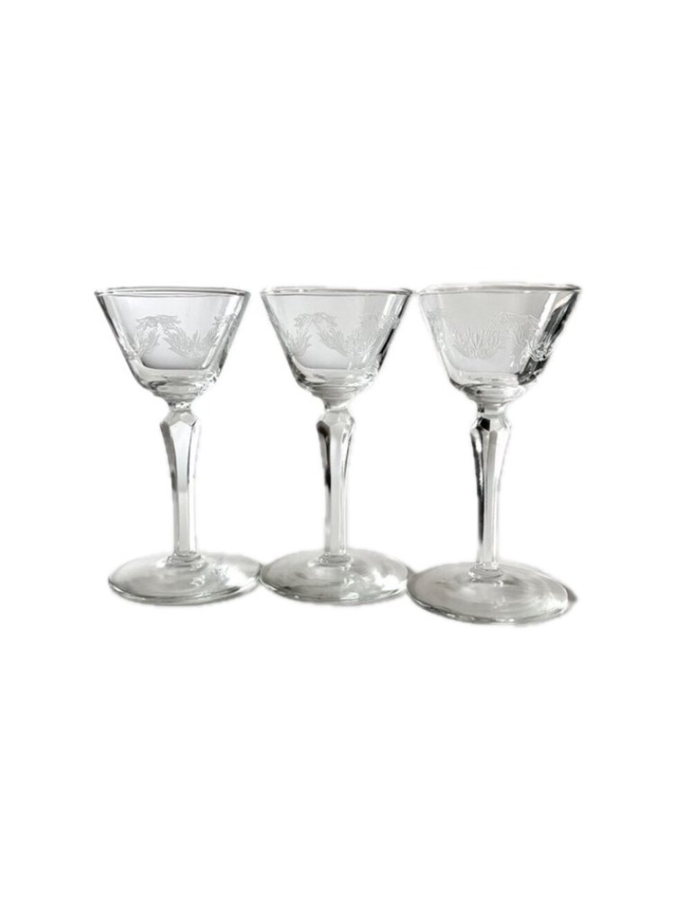 Set of 3 Etched Glass Cordial Glasses Bar Shot Glasses Elegant Vintage Drinkware